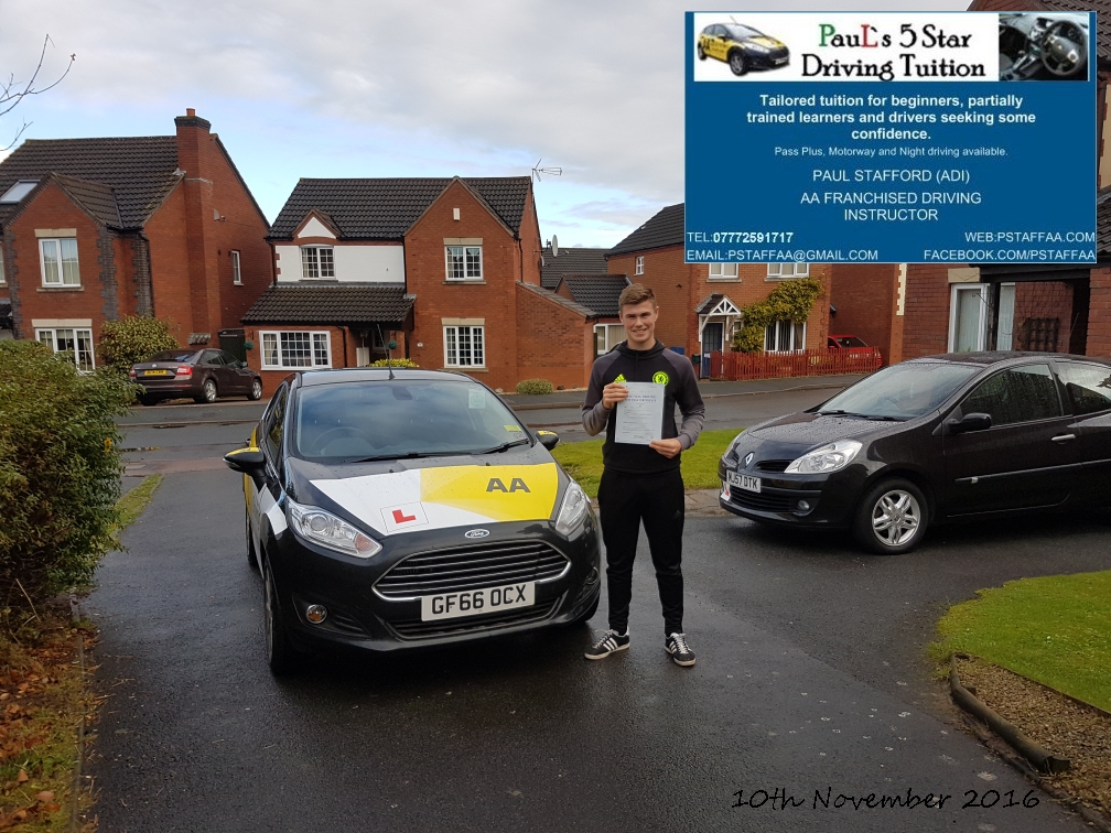 First time test pass pupil Jack manuel with paul's 5 star driving tuition in hereford 10th November 2016